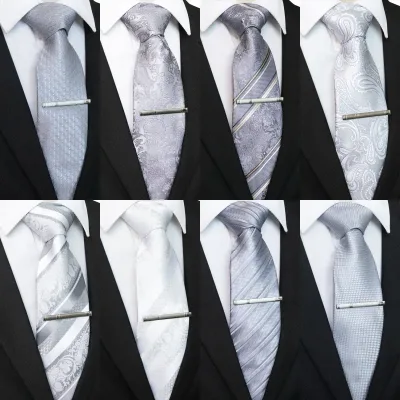 JEMYGINS Silver Grey White Silk Tie Hanky Cufflinks Clip Set 8cm