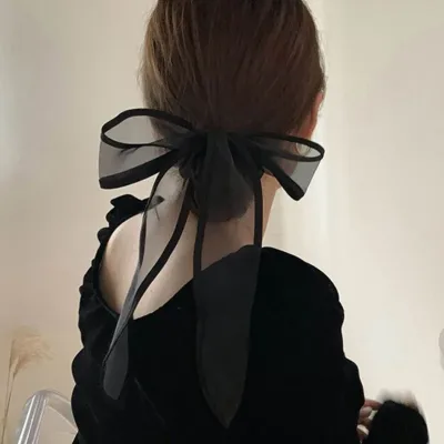 Long Strap Bow Scrunchie Black Yarn Hair Streamer Ring Rope