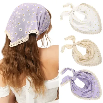AWAYTR Daisy Printing Hair Scarf Turban Hair Band Bandanas For Girls Women Flower Plaid Print Headband Headwrap Hair Acc
