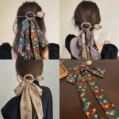 New Silk Scarf Printed Hair Sticks Chinese Style Elegant Women's Long Ribbon Hair Band Bandana Hair Stick Clip Hair Acce