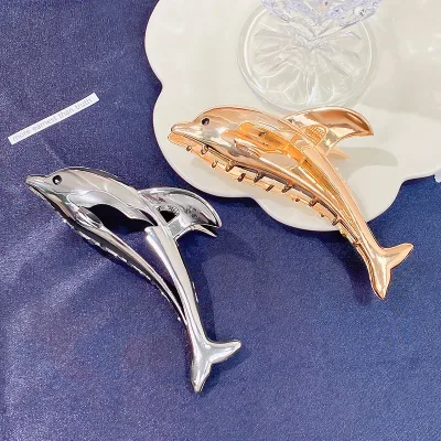 Gold Silver Dolphin Shape Metal Hair Claw Elegant Solid Hairpin