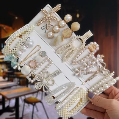 Pearl and Acrylic Flower Geometric Hair Clip Barrettes Set