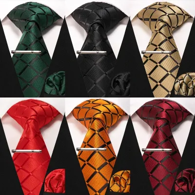 JEMYGINS New Fashion Black Plaid Men's Tie 8cm Silk Business Necktie Handkerchief Tie clips set Wedding Party Tie Gift F