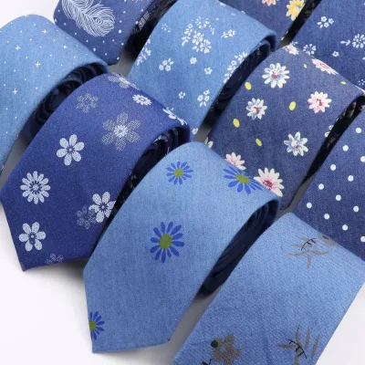 Classic Denim Color Tie Floral Cotton Feather Dot Necktie 7cm Skinny Fashion Men Tuxedo Suit Party Casual Accessory Crav