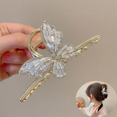 New Large Shark Clip Metal Butterfly Hair Claw for Women Rhinestone Hairpin Dish Up Hair Clips Gripper Claws Ponytail Cl