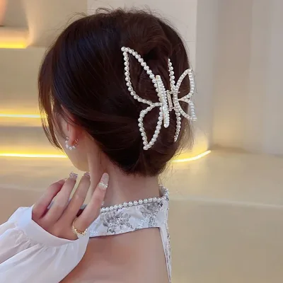 Simple and stylish Bow Pearl Hair Claws Hair Accessories Metal Grab Clip Hair Clip Shark Clip Ponytail Claw Clip WOMAN H