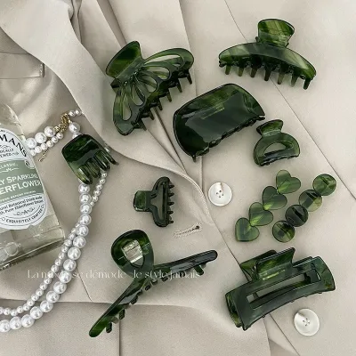 Green Twill Acetate Shark Clip Back of Head Bath Gentle Hairpin
