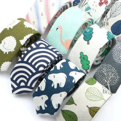 New Cartoon Linen Tie Skinny Casual Necktie For Wedding Party Neckties Classic Suits Floral Animal Print Neck Ties Crava