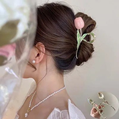 New Tulip Hair Claw Flower grace Shark Clip Headdress Vintage Ponytail Claw Clip Trendy sweet HAIR CLIP FOR GIRL Hair Je