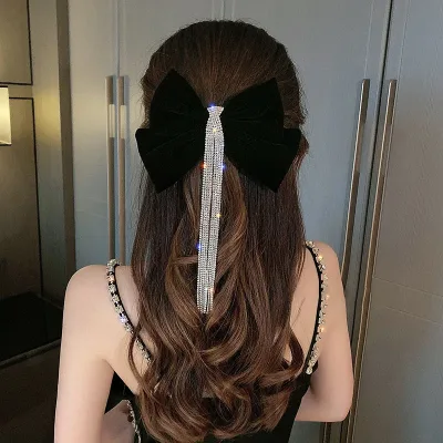 New Velour grace Bow Hairpin Crystal Fringe Tassel Hair Clip Women Ponytail Rhinestone Beading Hair Accessories Gifts He