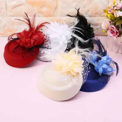 A52E Womens Fascinator Hat Topper Mesh Veil Flower Feather Pearl Beaded Decor Hair Clips Wedding Bridal Cocktail Headwea