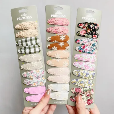 10Pcs/set Printed Embroidery Waterdrop Shape Hair Clips For Cute Girls BB Hairpin Barrettes Headwear Kids Hair Accessori