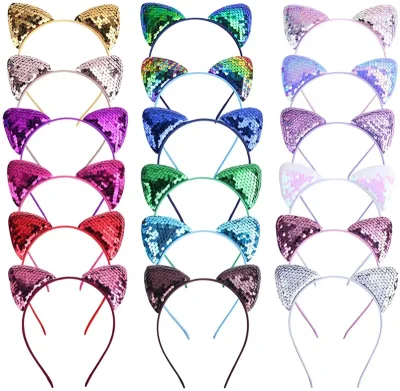 Reversible Sequin Cat Ear Headband Shiny Kitty Hair Hoop Women Girls