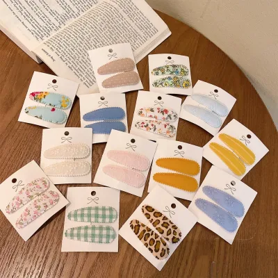 2pc Floral Print 2inch Basic Snap Baby Hair Drop Clips Lace Embroidery Hair Clamp Pins Hairpins Cotton Plaid BB Barrette