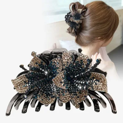 New Double Flower Hair Claws Clips Hairpins For Girls Women Fashion Rhinestone Hairgrip Barrettes Hair Crab Hair Accesso