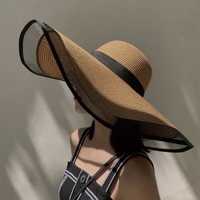 Women Sun Hat Big Eaves Waves Beach Cap Ladies Hat Big Brim Sun Visors UV Cut Bucket Panama Cap Foldable Straw Sunscreen