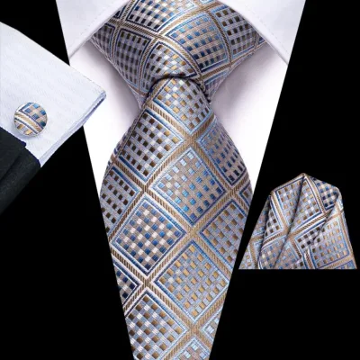 Plaid Brown Blue Silk Wedding Tie For Men Handky Cufflink Gift Men Necktie Fashion Business Party Dropshipping Hi-Tie De