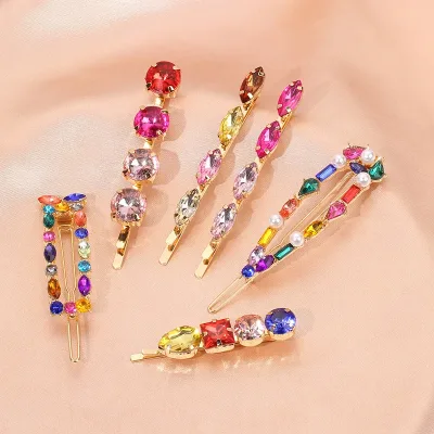 Luxury Elegance Women Green Pink Geometric Crystal Rhinestones Metal Barrettes Hairpins Bobby Pin Hair Clip Hair Accesso