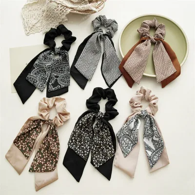 Fashion Floral Hair Bands Girls Bow Scrunchies Korean Pontail  Double-deck Scarf Hair Ties Hair Accessories Hairband Par