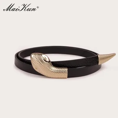 Maikun Snake Buckle Belt For Women Black Mirror Patent Leather Snake Pattern Belt Fashion Exquisite Women's Faux Leather