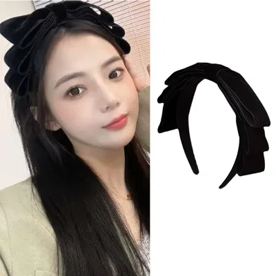 Korean version of the new velvet velvet headband women's wide-brimmed high-end black oversized bow autumn winter headhoo