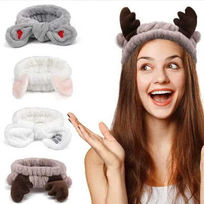 Cute Bow Antler Ears Coral Fleece Soft Warm Headband For Women Girl Washing Face Makeup Bath Head Wrap Hairband Hair Acc
