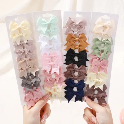10Pcs/Set New Cute Solid Ribbon Bowknot Hair Clips for Baby Girls Handmade Bows Hairpin Barrettes Headwear Kids Hair Acc