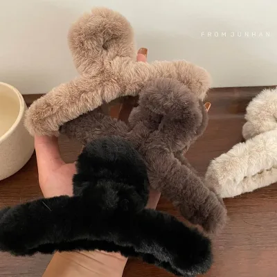 Milk Coffee Faux Rabbit Fur Large Plush Shark Clip Hair Claw