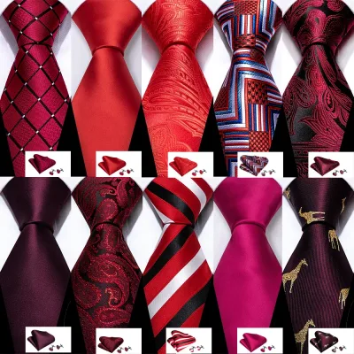 Fashion Men Tie Set Red Burgundy Solid Paisley Striped Plaid Floral Necktie Handkerchief Cufflinks Wedding Business