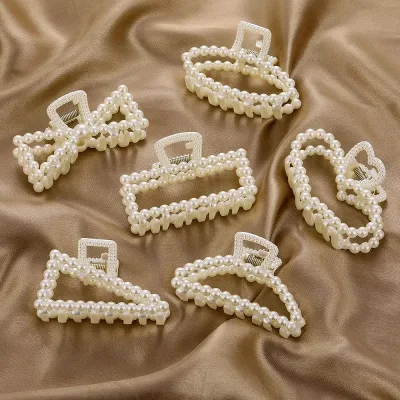 Retro Pearl Hair Claw Non-Slip Large Geometric Shark Clip Women