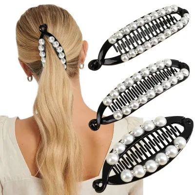 Pearl Rhinestone Hair Claw Clip Fishtail Barrette