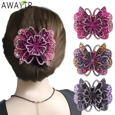 AWAYTR Elegant Full Rhinestone Flower Hair Clip Barrettes Headband for Women Hair Accessories Crystal Hairpin Spring Cli