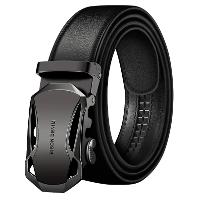 BISON DENIM Men's Belt Cow Leather Belts Brand Fashion Automatic Buckle Black Genuine Leather Belts for Men 3.4cm Width 