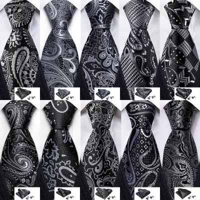 Designer Mens Ties Black Silver Gray Solid Paisley Striped Plaid Floral Neck Tie Pocket Square Cufflinks Set Gravats Bar