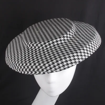 Black Houndstooth Fascinator Wide Brim Hat Wedding Church Derby
