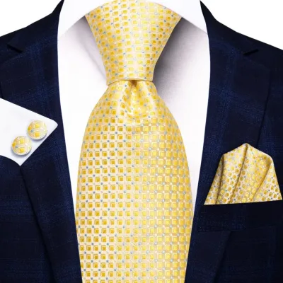 Gift Tie for Men 2023 New Yellow Plaid Blue Fashion Brand Wedding Party Necktie Handky Cufflinks Wholesale Hi-Tie Design