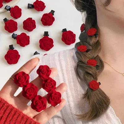 Red Velvet Rose Hair Clips