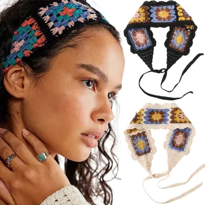 Bohemian Crochet Flower Turban Headband Vintage Knit Holiday Wrap