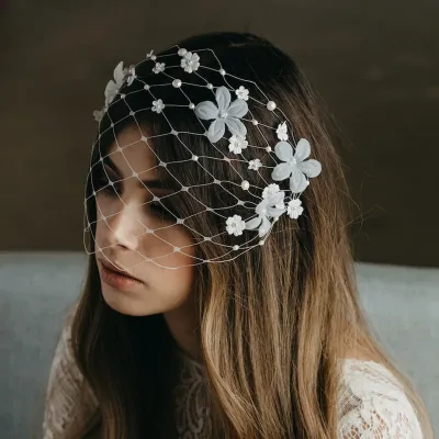Retro Pearl Petal Mesh Hairpin Mask Hair Accessories European And American Handcrafted Hair Accessories Bridal Accessori