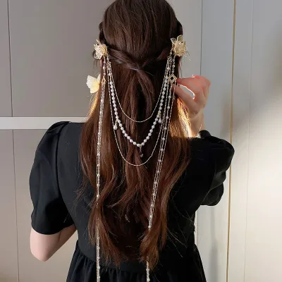 Pearl Rhinestone Flower Hairpin with Long Tassel Wedding Hair Claw