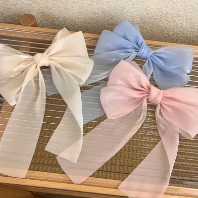 2023 Korean Streamer Organza Oversized Bowknot Hair Barrette Women Silky Ribbon Bow Hair Clips Solid Color Ponytail Hold