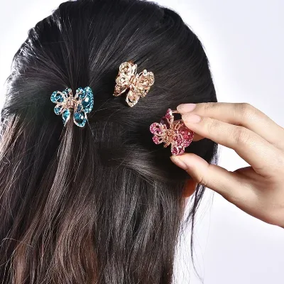 Butterfly Rhinestone Hair Claw Small Elegant Hairpin Glitter Shiny Pearl Grabs Metal Hair Clip for Women Girls Sweet Acc