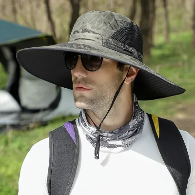 15cm Large Brim Sun Hat for Men Summer Face Neck Protection Breathable Beach Cap Camouflage Printing Outdoor Hiking Fish