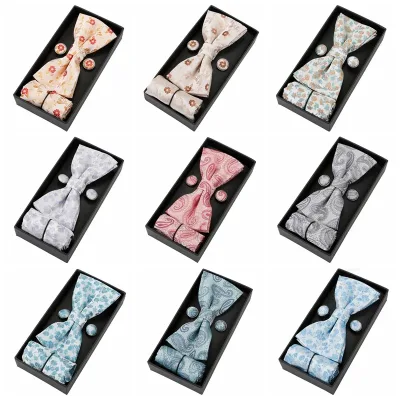 Floral Bowtie Set Paisley Handkerchief Plaid Cufflinks 3pcs Set Gift For Men Suit Wedding Business Fashion Style Bow Tie
