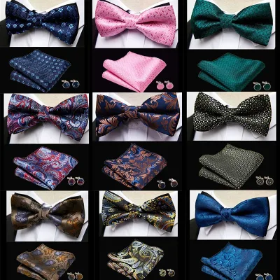 HUISHI Classic Blue Bowties For Men  Paisley Floral Bow Tie Pocket Square Cufflinks Suit Set Wedding Party Plaid Solid B