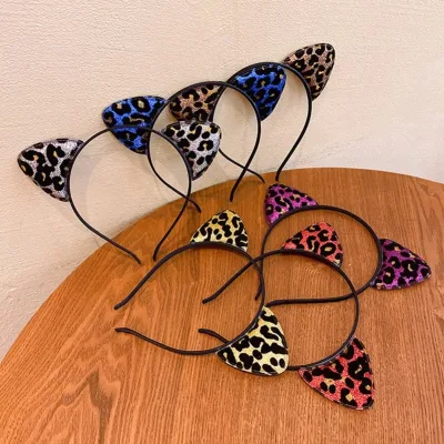 Leopard Print Cat Ears Headband with Glitter