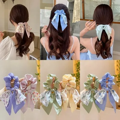 Korea Floral Bow Scrunchies For Women Satin Long Ribbon Ponytail Scarf Girls Hair Bobbles Print Elastic Hair Bands Acces