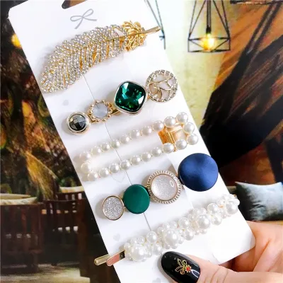 Fashion Simulation Pearl Hair Clips Set for Women 5PCS Korean Green Rhinestone Acetate Hairpins Girl Hair Accessories Je