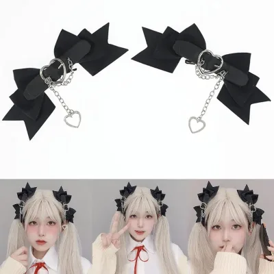 1 Pair Lolita Girls Bowknot Hair Clip Women Leather Heart Bucklt Belt Punk Hairpin Female Maid Cosplay Hair Barrettes Or