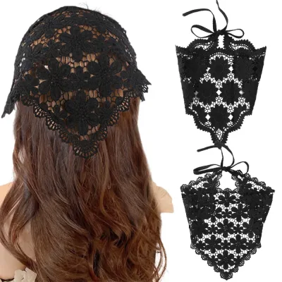 Haimeikang Summer Women Floral Headband Turban Triangular Scarf Hollow Ribbon Fashion Bandana Headwear Fashion Hair Acce